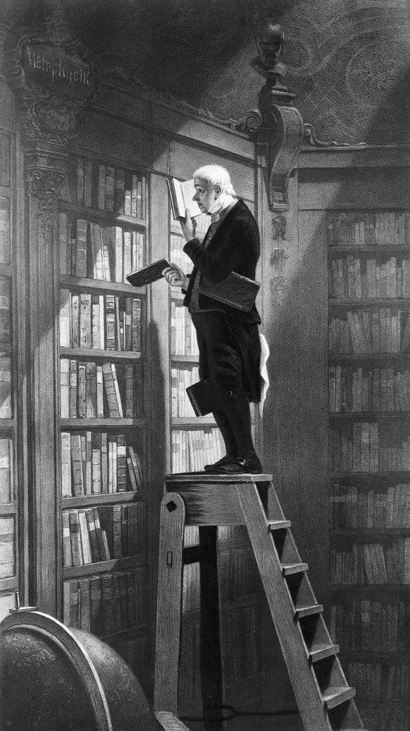 Detail of Man Reading on Ladder in Library by Anonymous