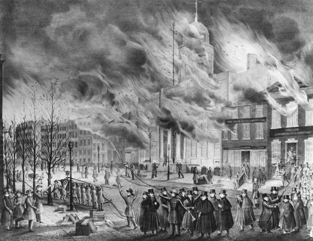Detail of Illustration of Crowd Outside Burning Buildings by Anonymous