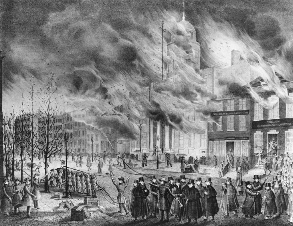 Detail of Illustration of Crowd Outside Burning Buildings by Corbis