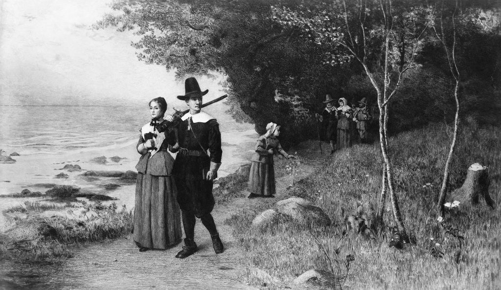 Detail of Engraving of Puritans Walking to Church by J.S. King