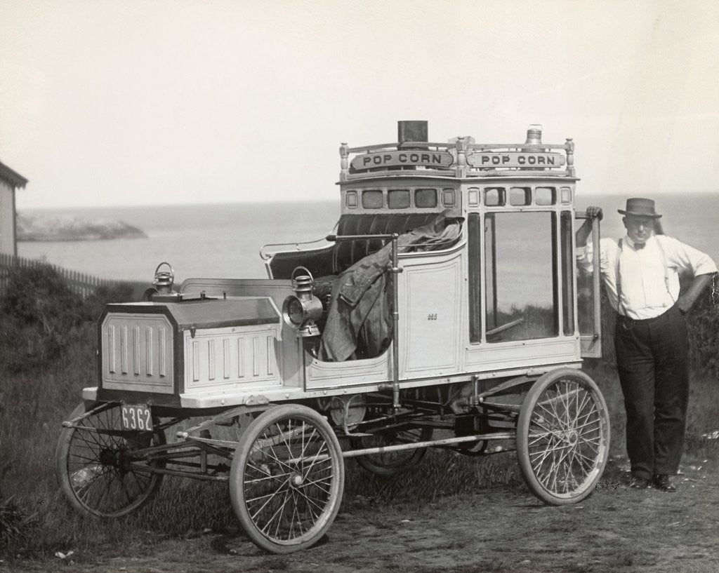 Detail of Portrait of Early Popcorn Vendor Next to His Automobile by Anonymous