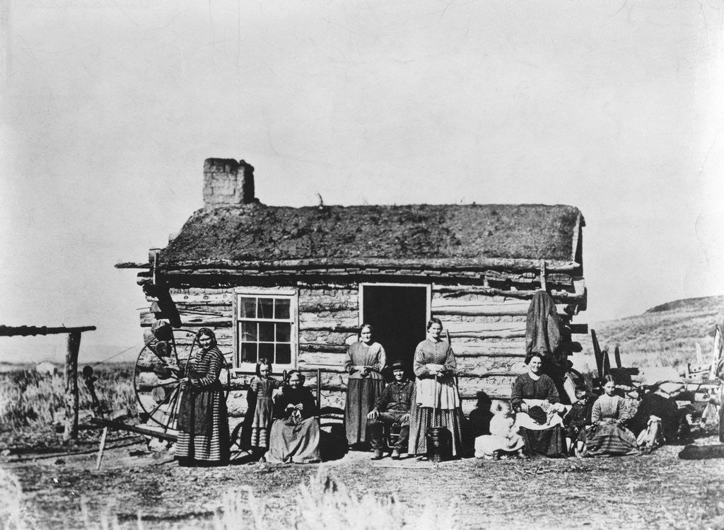 Detail of Mormon Family Outside Log Cabin by Anonymous