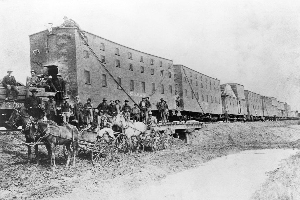 Detail of Men in Front of Dormitory Cars by Anonymous