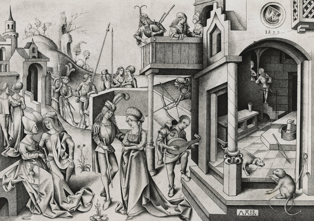 Detail of Illustration of Castle Dwellers Inside and Outside of Their Domain by Corbis