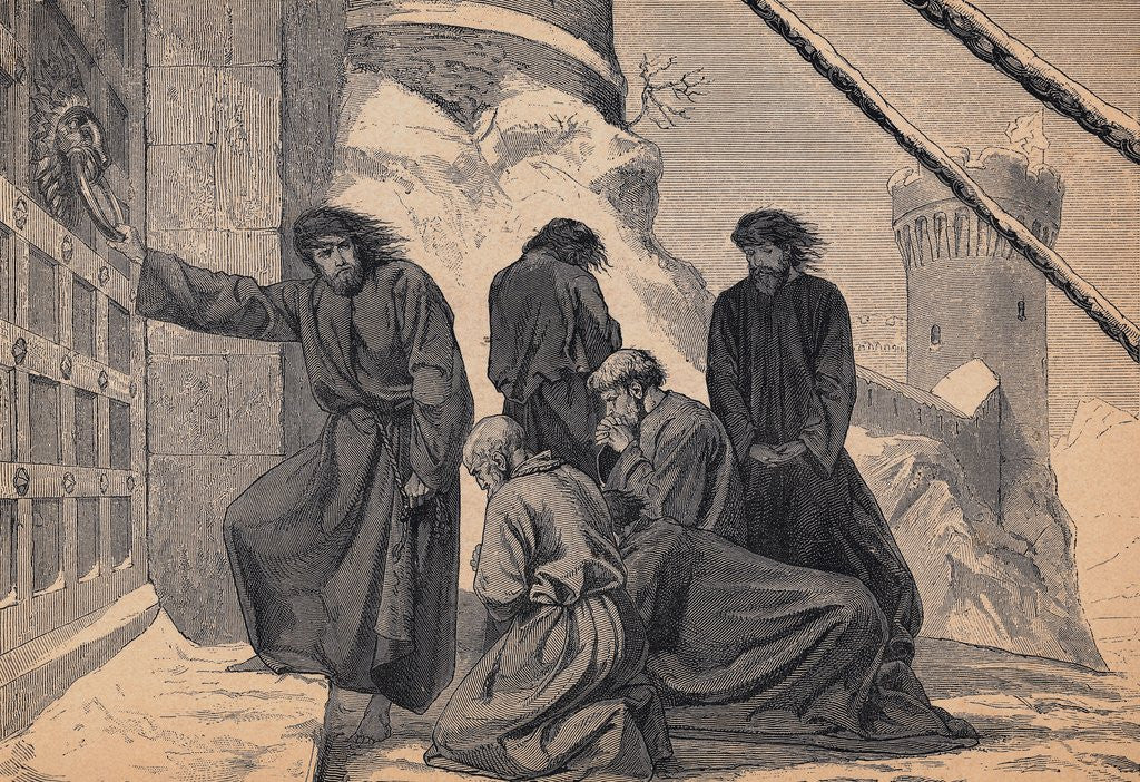 Detail of Kneeling Henry IV and Party Outside Doors of Building by Anonymous