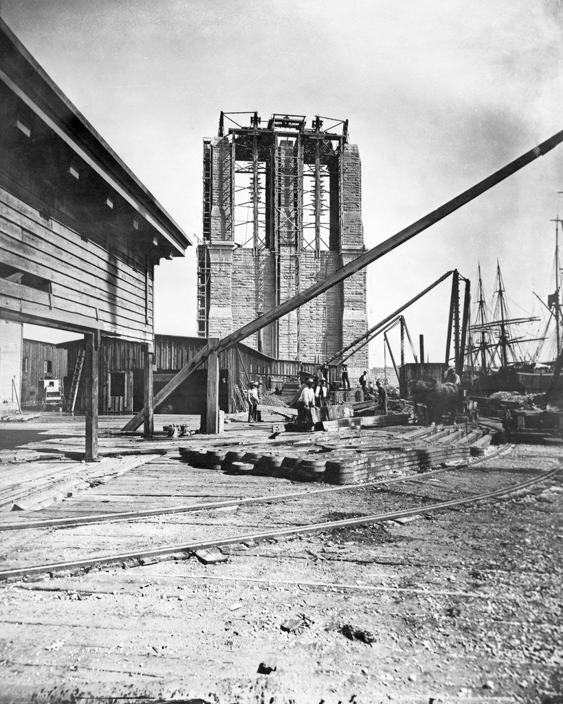 Detail of Brooklyn Bridge Under Construction by Anonymous