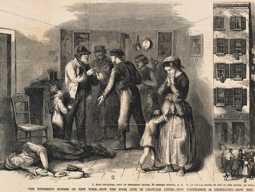 Detail of Illustration of Family Distraught over Drunk Father on Floor by Corbis