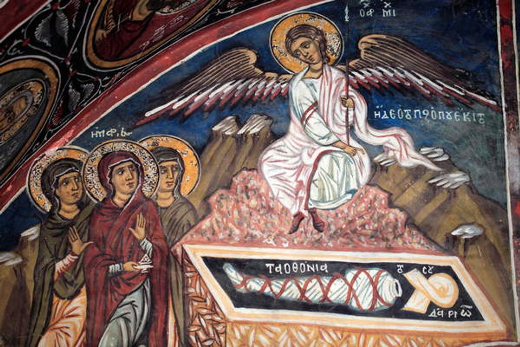 Detail of The Christ resurection Michael Archangel is showing the empty shroud to the three Mary by Anonymous