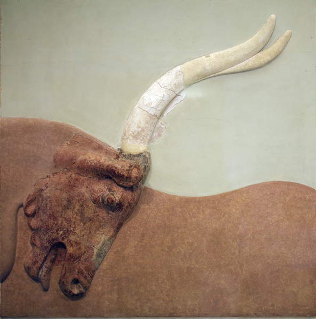 Detail of Fragment of plaster relief fresco showing a hunted bull by Minoan Minoan