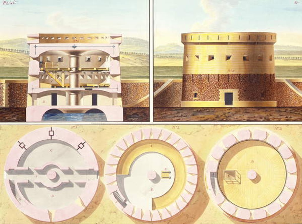 Detail of Design for a Fortification on the Outskirts of Paris - a Perspective View, Section and Three Floor Plans of the Central Tower, c.1813 by French School