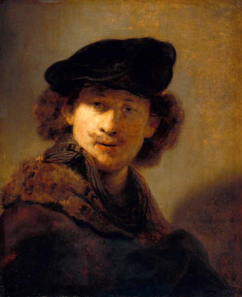 Detail of Self portrait with velvet cap, 1634 by Rembrandt Harmensz. van Rijn