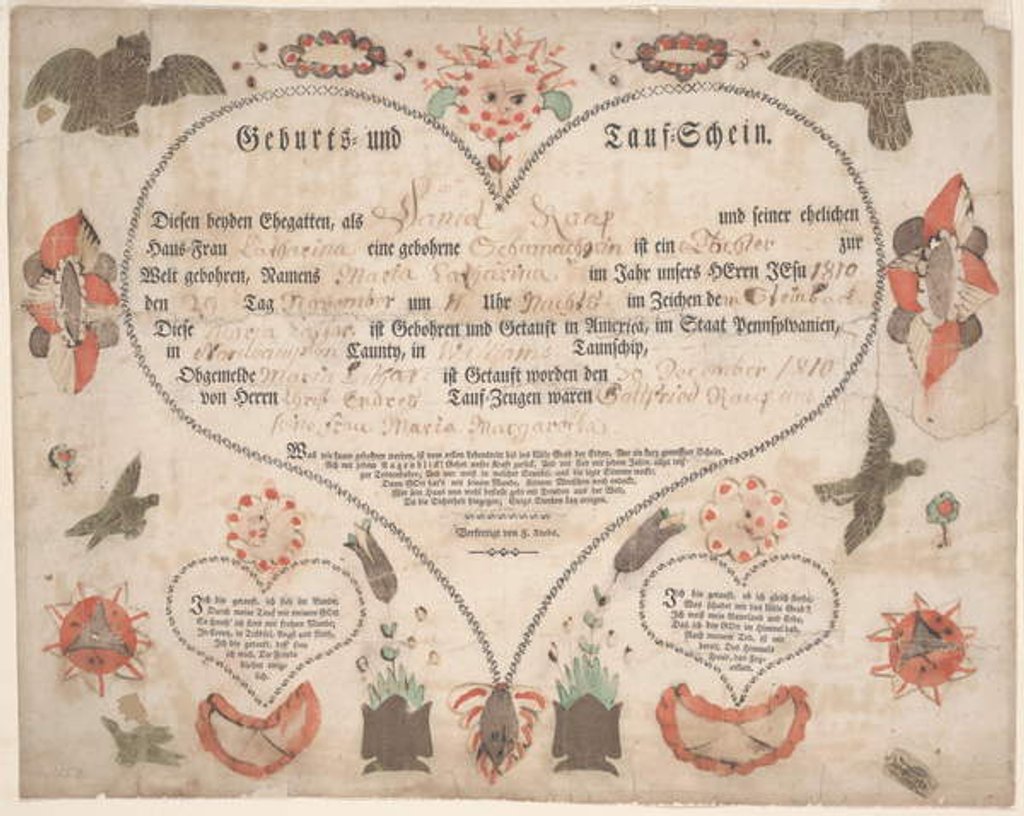 Detail of Birth and Baptismal Certificate for Maria Catharina Raup c.1806 by American School