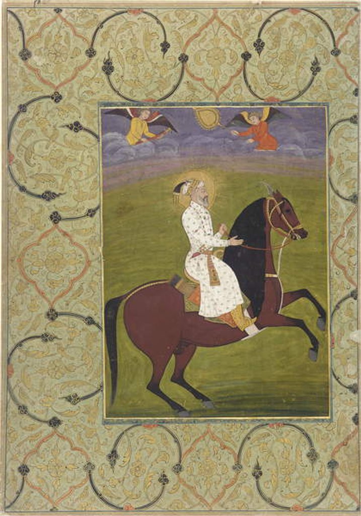 Detail of Equestrian portrait of Shahjahan, detached album folio, 1750-1770 by School Mughal