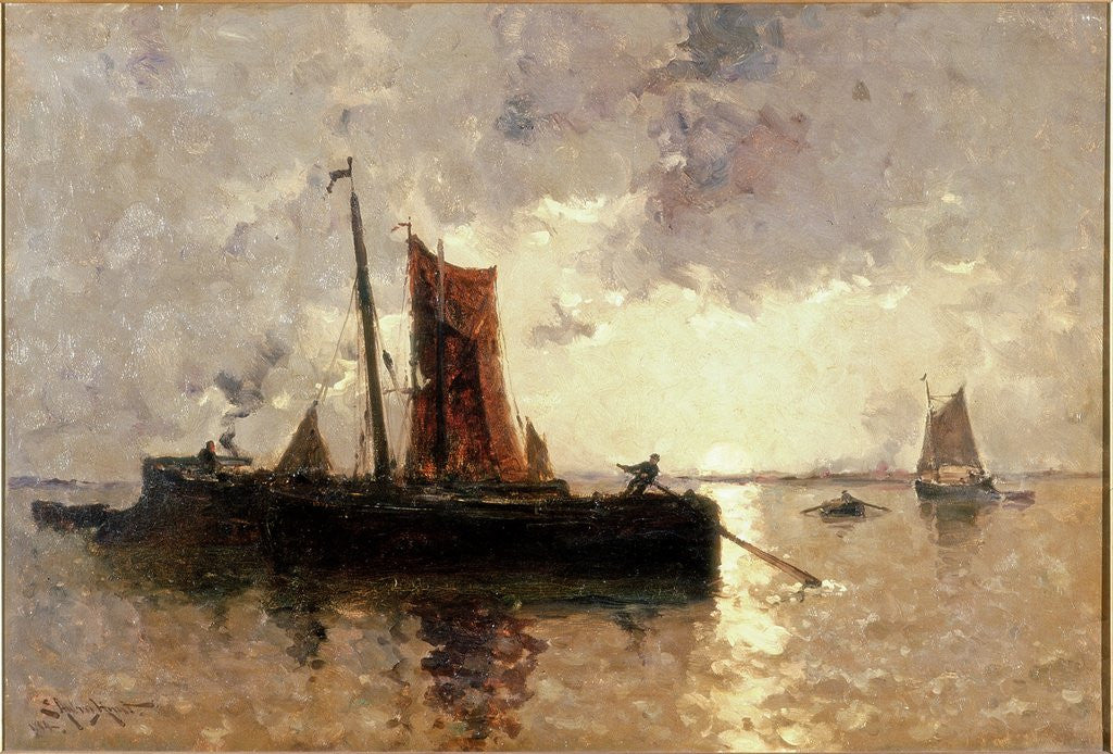 Detail of River Scene with Shipping by E. Aubrey Hunt
