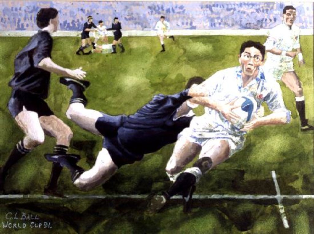 Detail of Rugby Match: England v New Zealand in the World Cup, 1991, Rory Underwood being tackled by Gareth Lloyd Ball