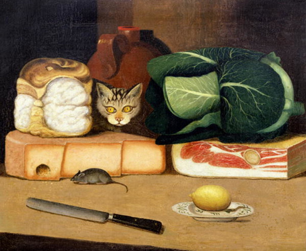 Detail of Larder still life with a cat hunting a mouse, c.1840 by English School