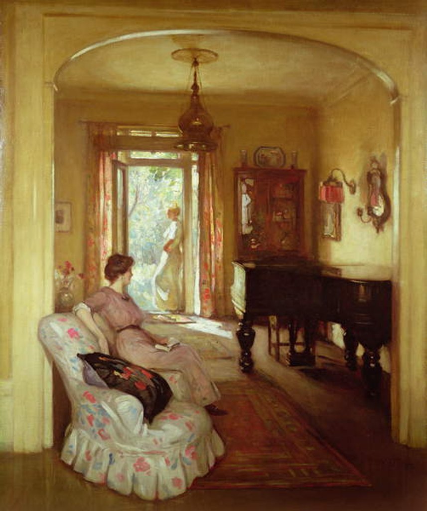 Detail of Interior scene with two ladies by Percy William Gibbs