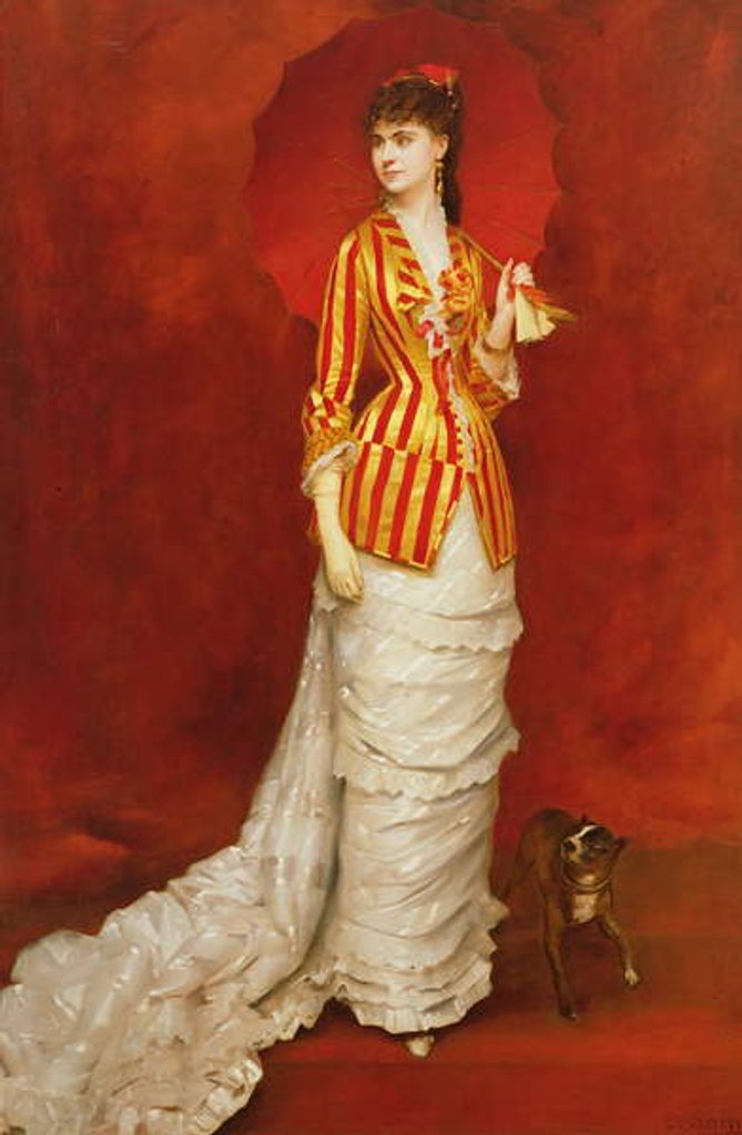 Detail of Portrait of a lady in a striped jacket with a parasol by Edouard Alexandre Sain