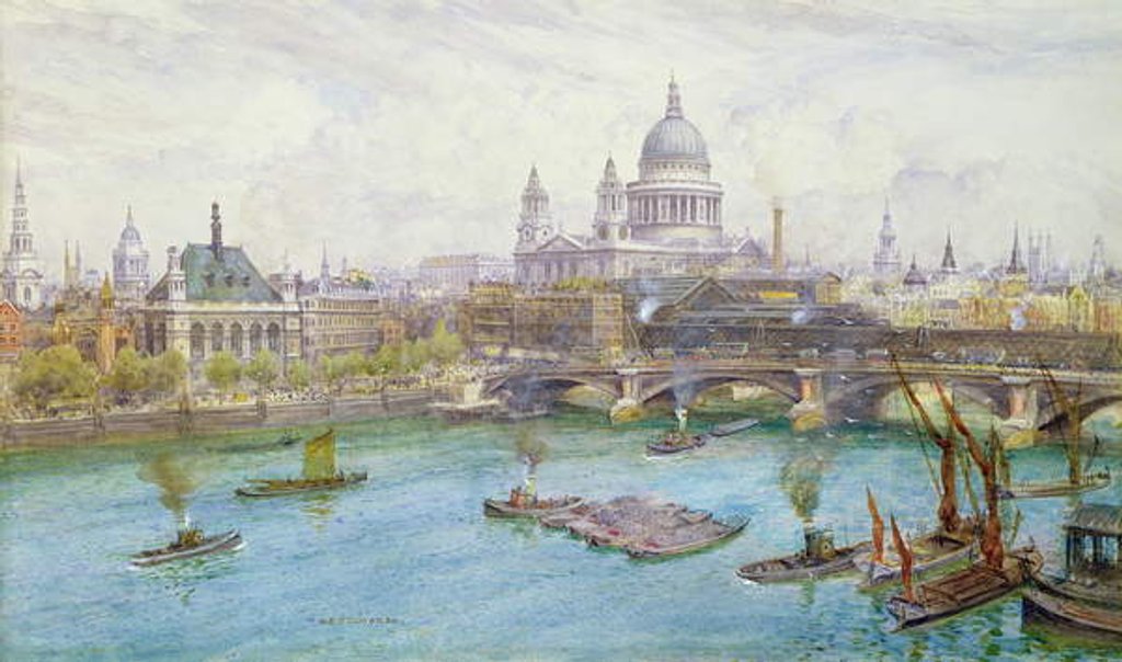Detail of View from the south of St Paul's Cathedral, Blackfriars Bridge and City of London School with boats on the River Thames, c.1921 by Henry Edward Tidmarsh