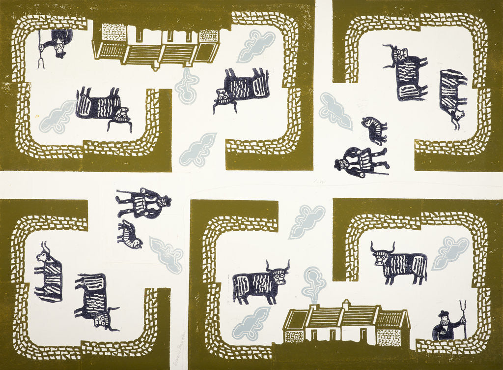 Detail of Design for Wrapping Paper (Farm with Highland Cattle) by Edward Bawden