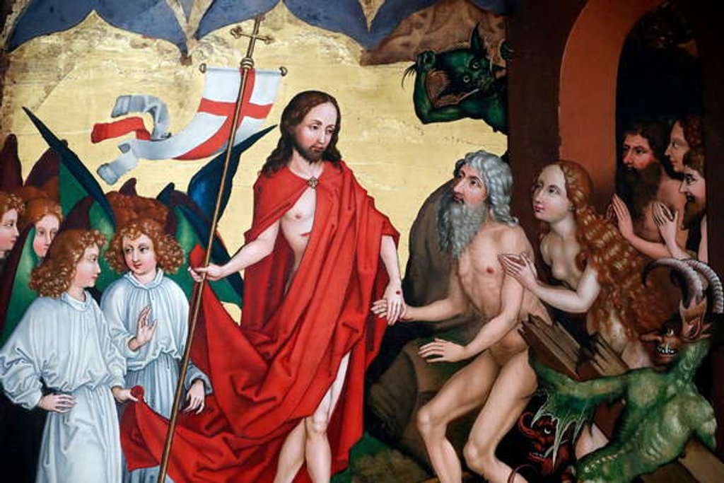 Detail of Jesus pulls Adam and Eve out of their graves at resurrection by Martin Schongauer