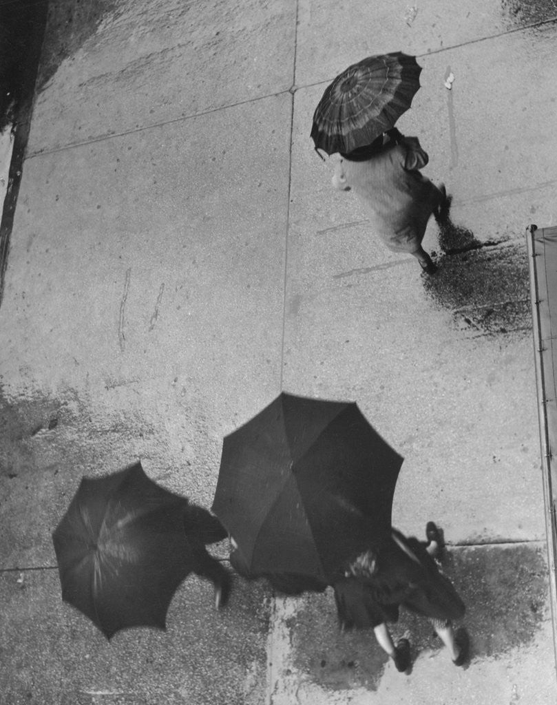 Detail of Pedestrians Under Umbrellas Walking Down Rainy Street by Anonymous