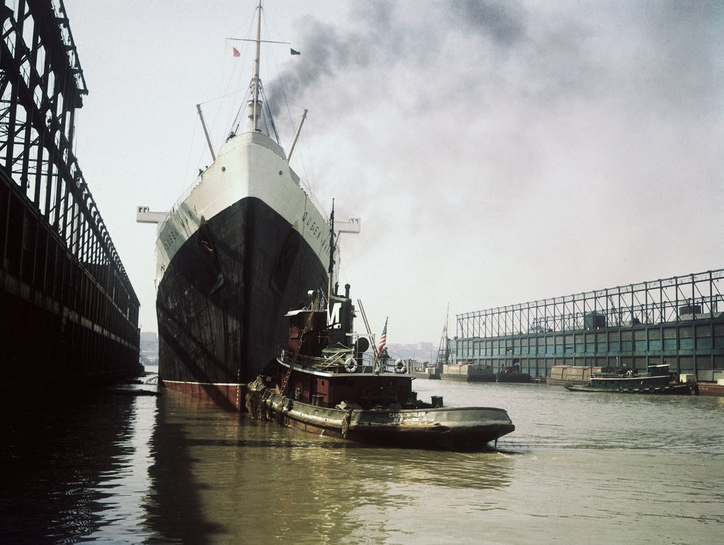 Detail of Queen Mary Leaving New York City Pier by Anonymous