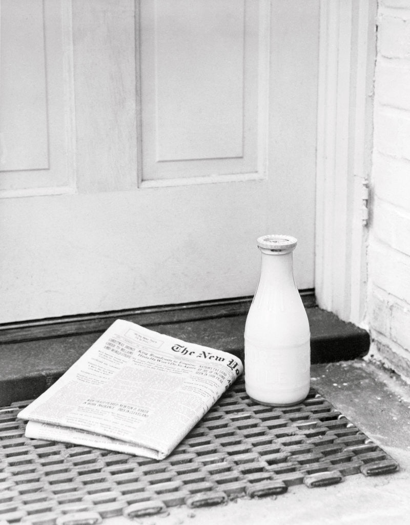Detail of Morning Paper and Milk Bottle on Doorstep by Anonymous