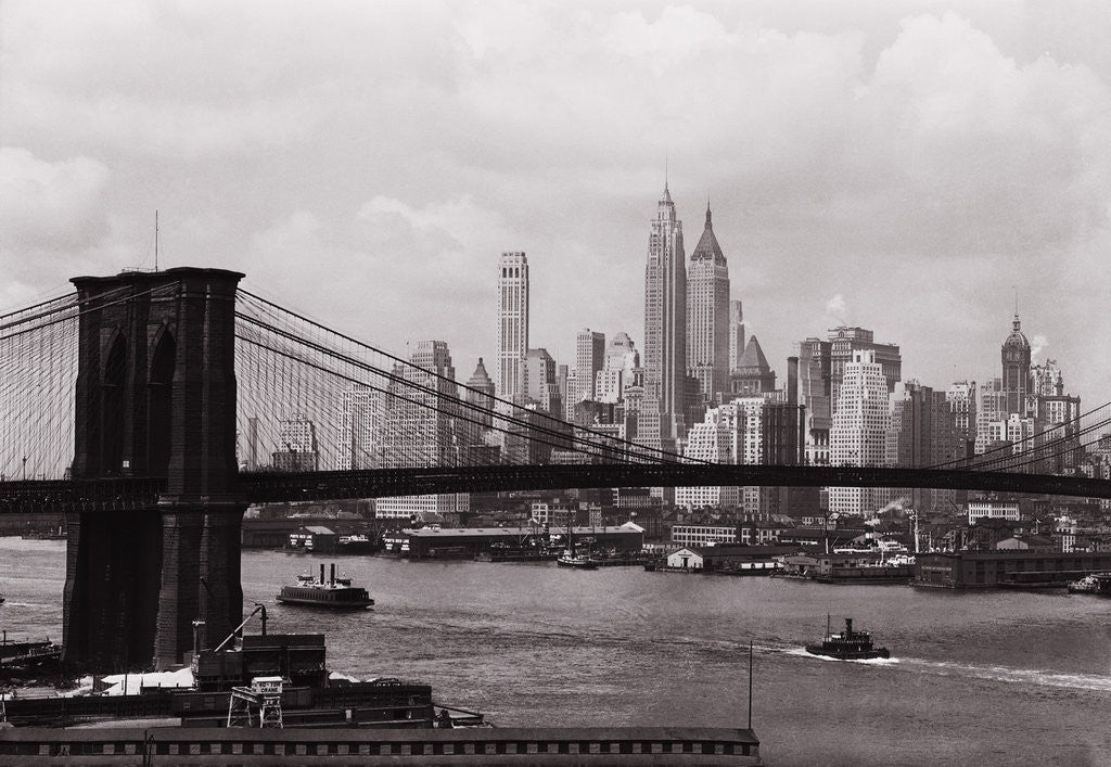Detail of Lower Manhattan Skyline and Brooklyn Bridge by Corbis