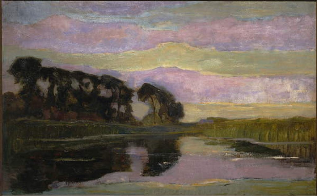 Detail of Riverscape with a Row of Trees at Left, Sky with Pink and Yellow-Green Bands: Farmstead on the Gein Screened by Tall Trees, c.late 1907-08 by Piet Mondrian