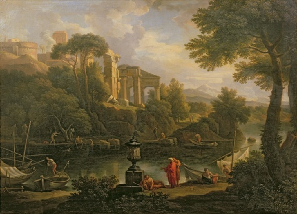 Detail of Landscape with figures by a pool with ruins in the background by Jan Frans van Bloemen