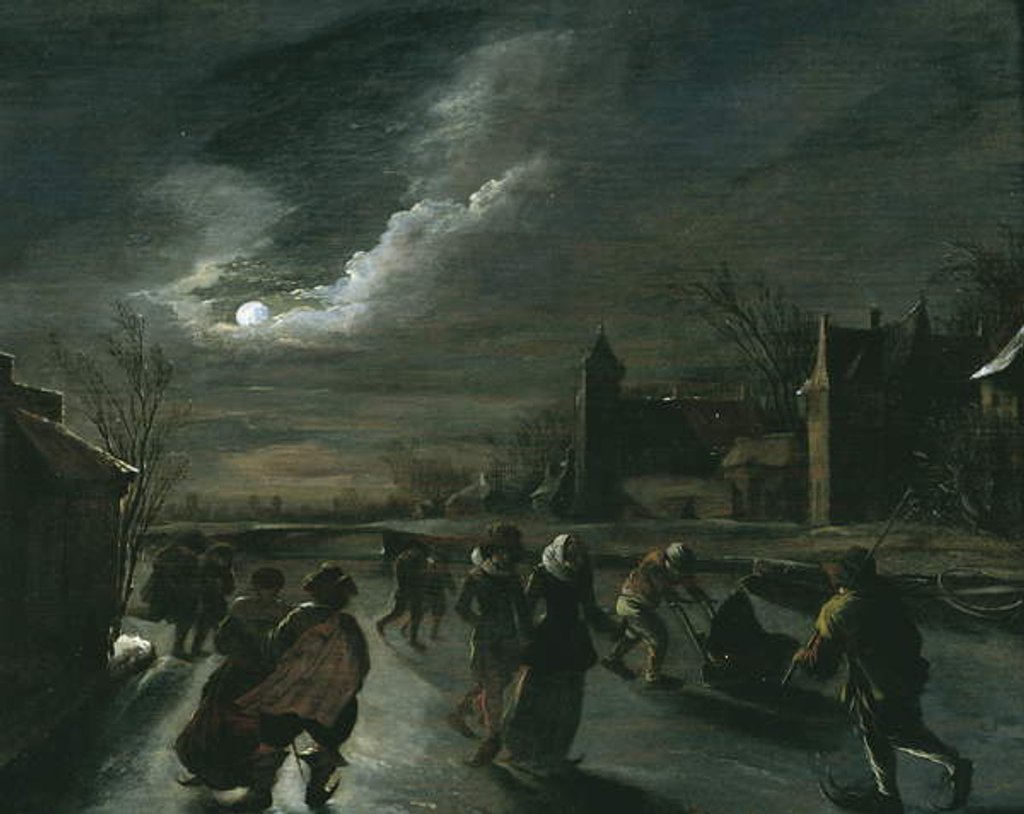 Detail of Moonlight Scene with Skaters by Dutch School