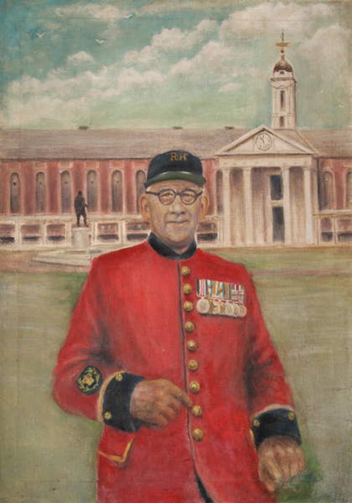Detail of Portrait of an In-Pensioner with the Hospital in the Background by School English