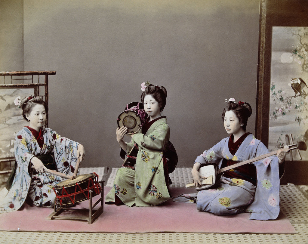Detail of Three Japanese Girls Playing Traditional Japanese Instruments by Anonymous