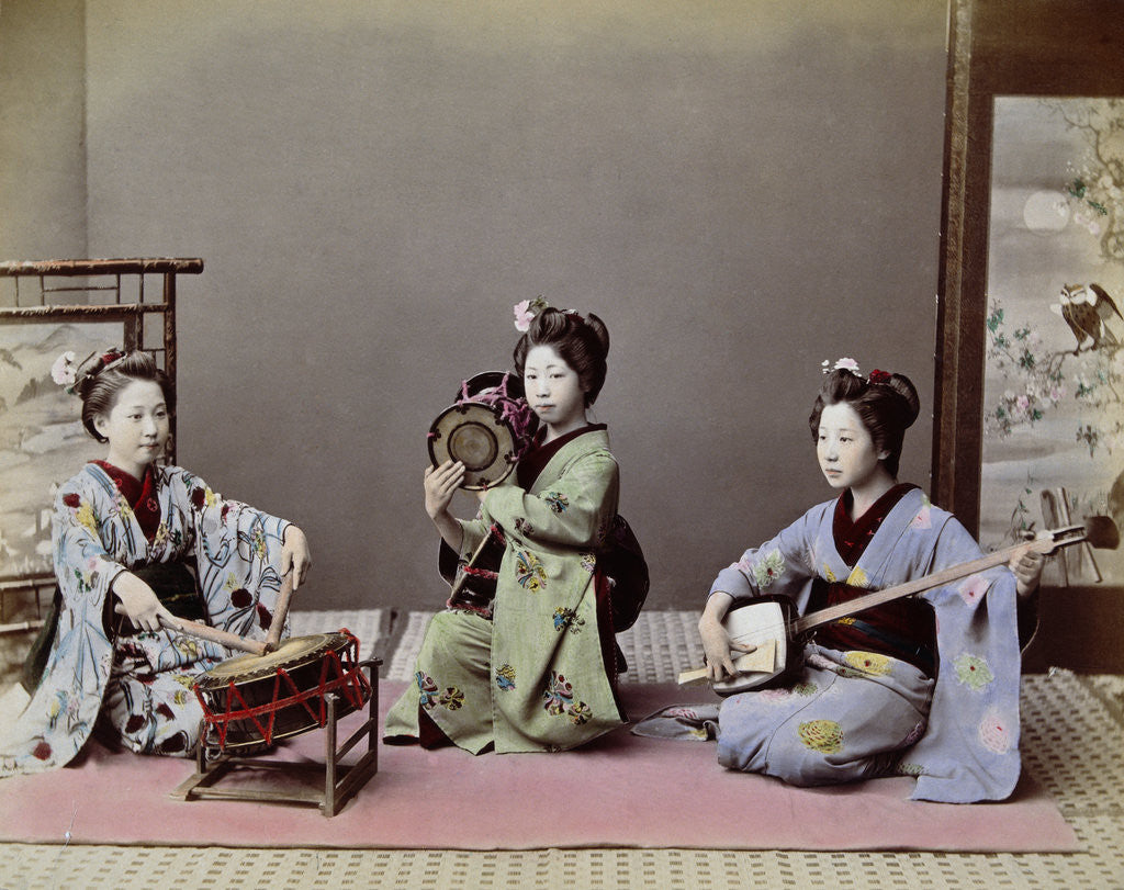 Detail of Three Japanese Girls Playing Traditional Japanese Instruments by Corbis