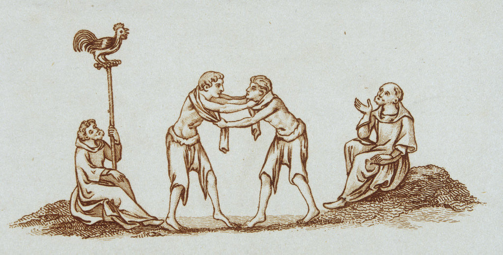 Detail of Sepia Engraving of 14th Century Scene with Wrestlers by Corbis