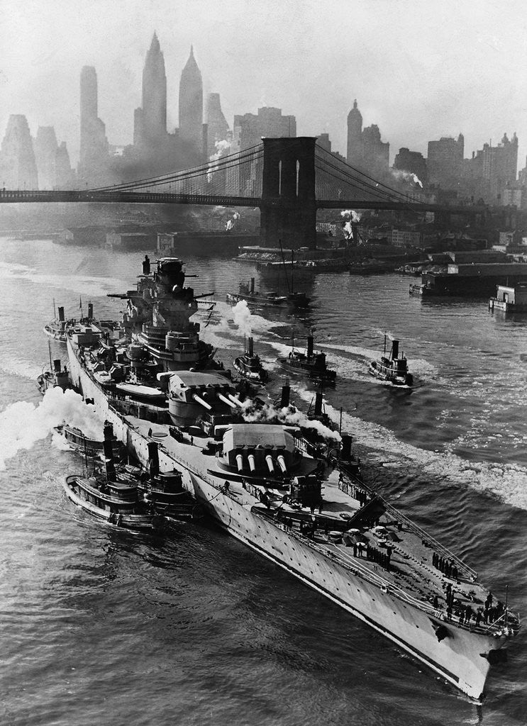Detail of French Battleship Richelieu Passes Brooklyn Bridge by Corbis