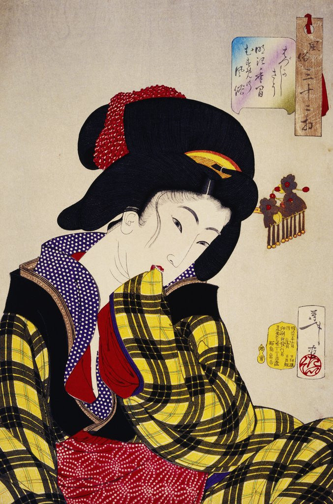 Detail of Looking Shy: The Appearance of a Young Girl of the Meiji Era by Yoshitoshi