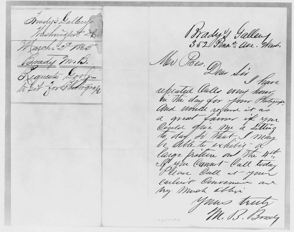 Detail of Letter to Abraham Lincoln from Mathew Brady by Anonymous