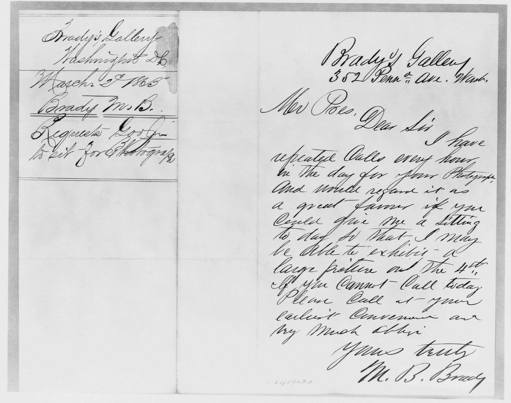 Detail of Letter to Abraham Lincoln from Mathew Brady by Corbis