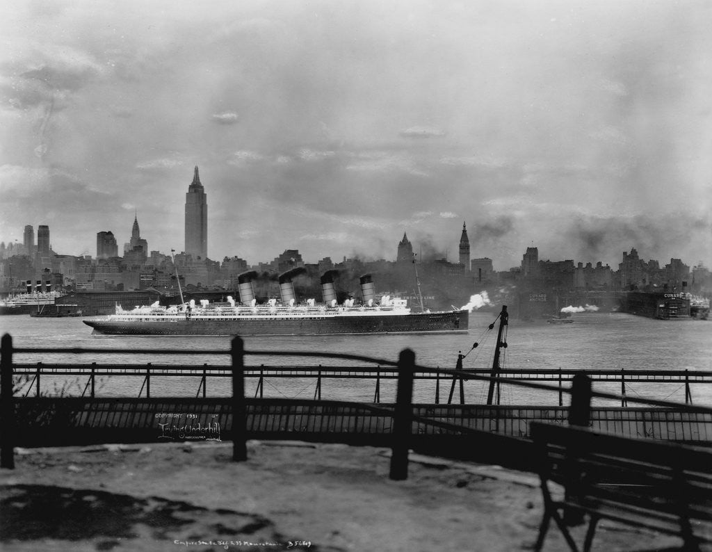 Detail of The S.S. Mauretania and New York City Skyline by Anonymous