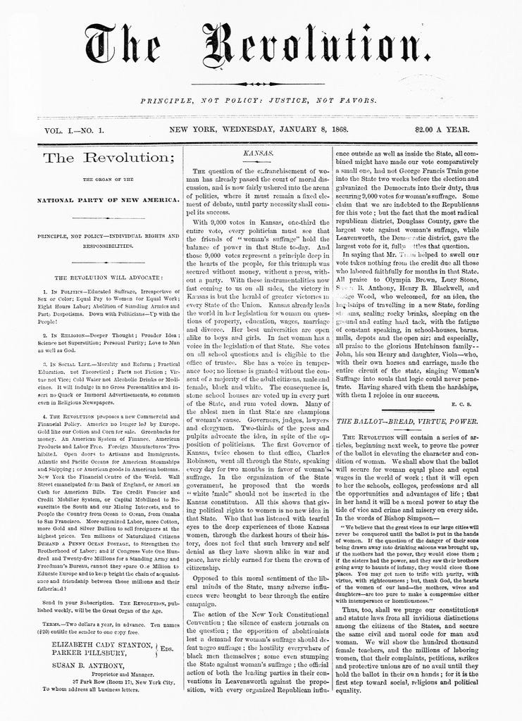 Detail of First Issue of The Revolution Suffrage Newspaper by Anonymous