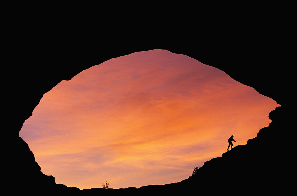 Detail of Hiker Climbing a Natural Arch in Utah by Anonymous