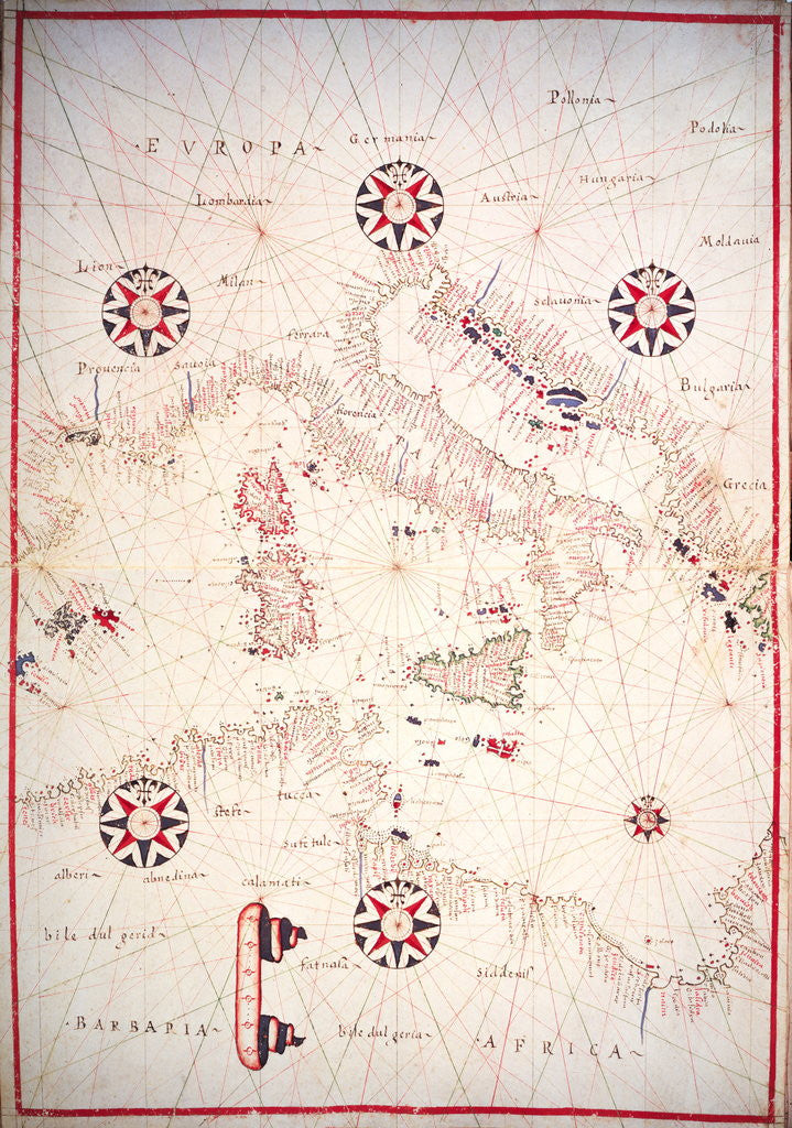 Detail of Vellum Chart of Italy and Central Mediterranean by Oliva