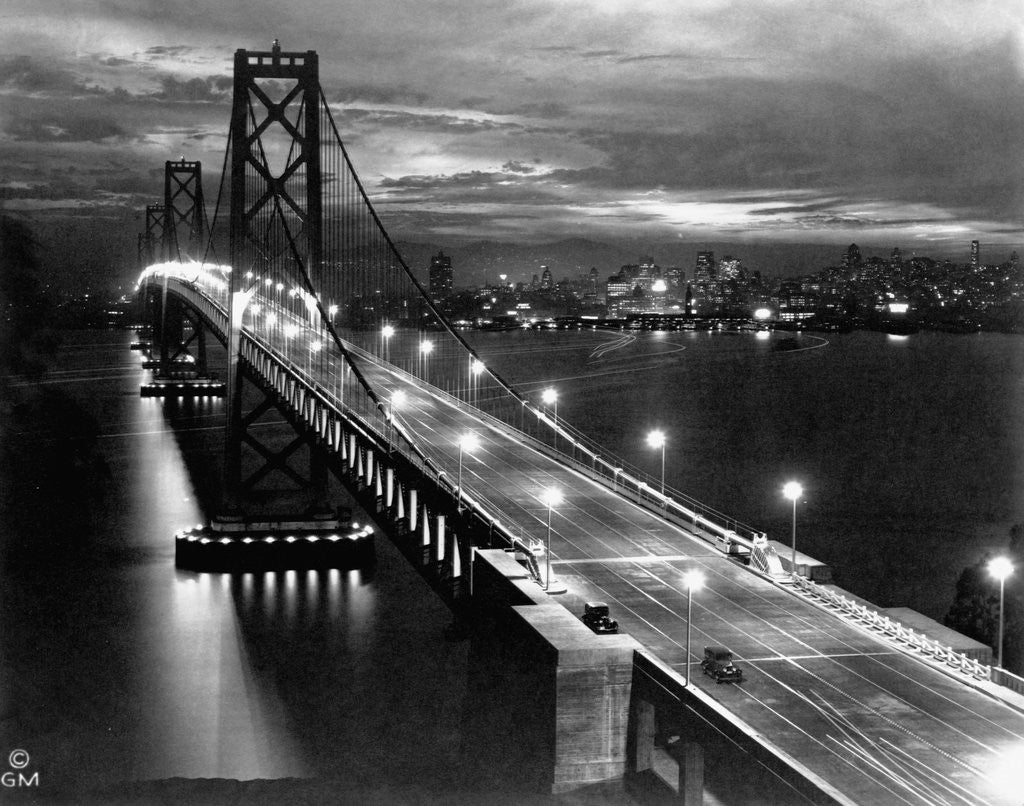 Detail of Lights Illuminate the Newly Completed San Francisco Oakland Bay Bridge by Anonymous