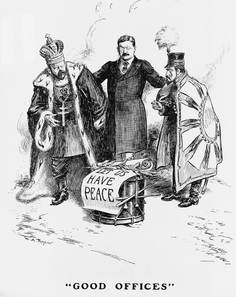 Detail of Cartoon Depicting President Teddy Roosevelt Speaking to the Russian Czar and Japanese Emperor by Anonymous