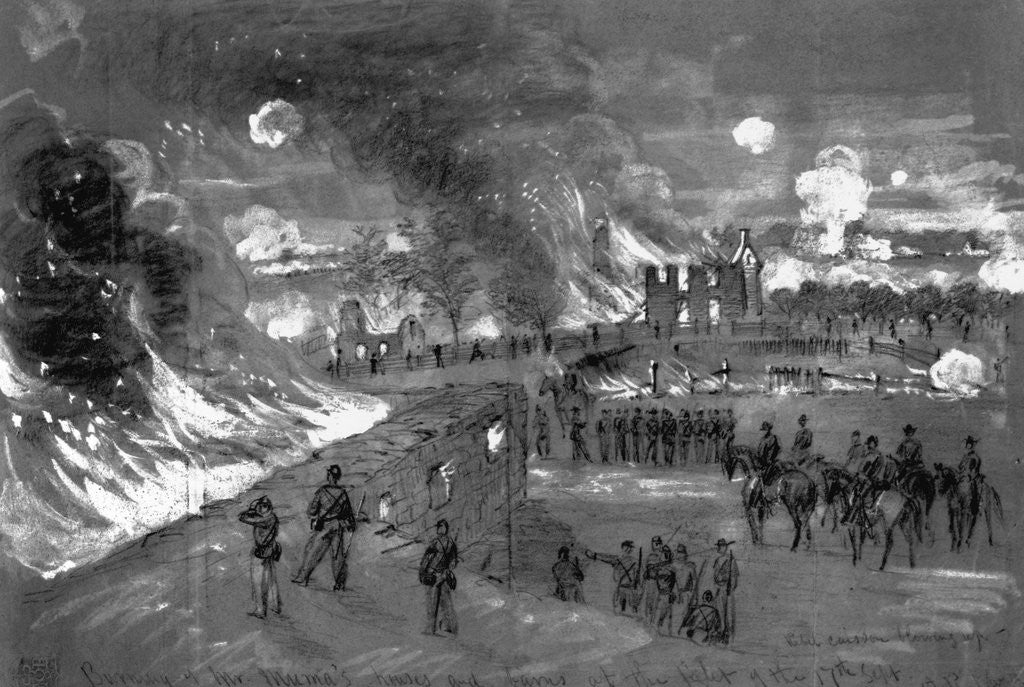 Detail of note LC-USZC4-3132 Burning of Mr. Muma's houses and barns during the battle of Antietam, Sept. 17, 1862 by Anonymous