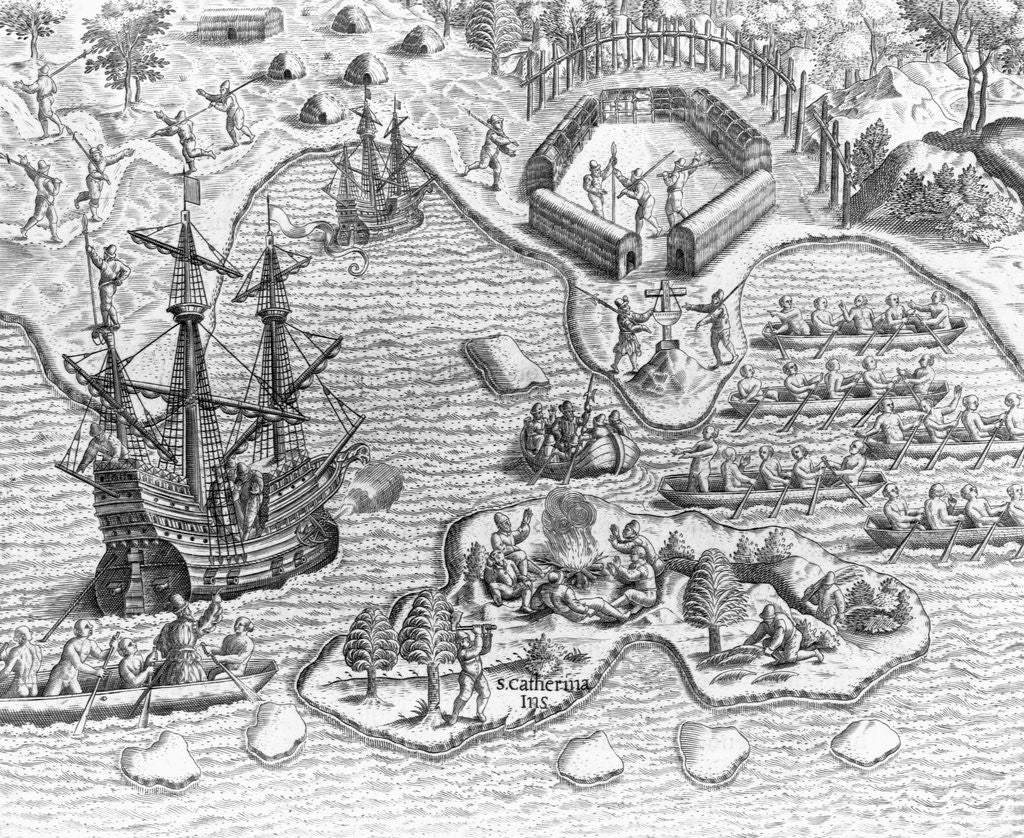 Detail of Johannes Staden Arrives at Saint Catherines Island by Theodor de Bry From America by Anonymous