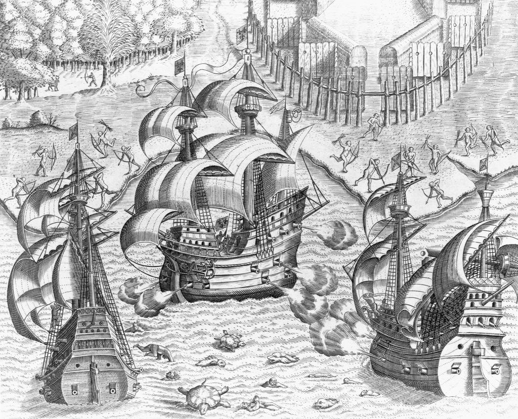 Detail of Johannes Staden Fights With French Ships and Indians in Brazil by Theodor de Bry From America by Anonymous