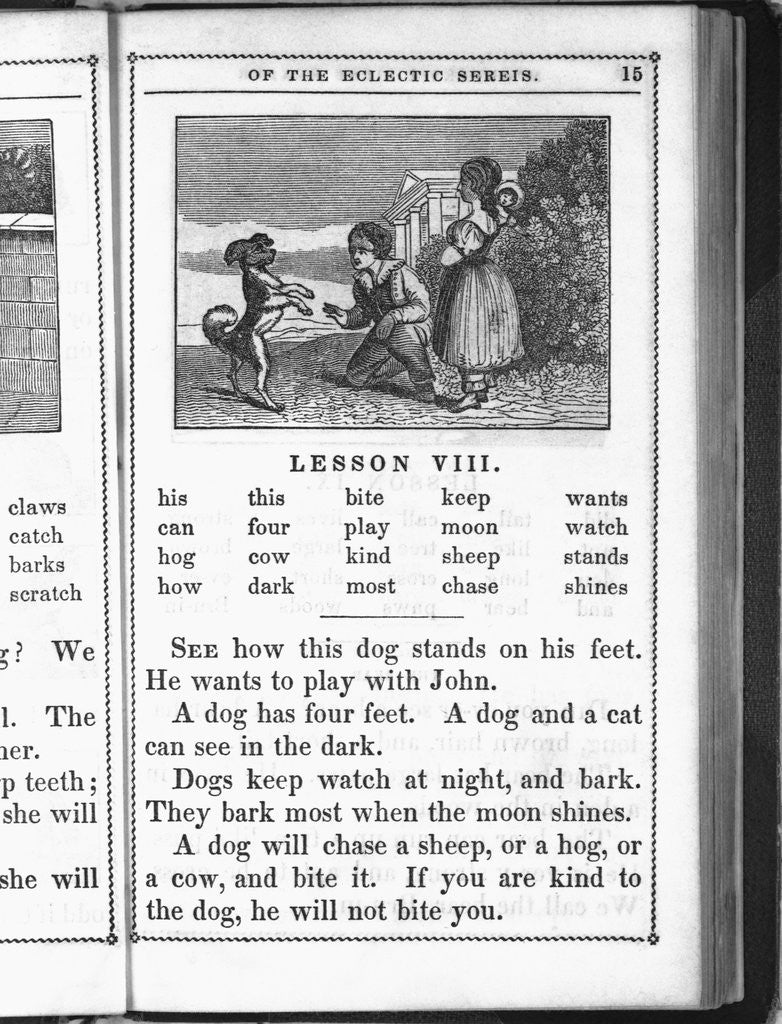 Detail of Page from McGuffey's Reader (Eclectic Series) showing boy and girl playing with dog. Lesson (VIII) deals with characteristics of pet dogs by Corbis